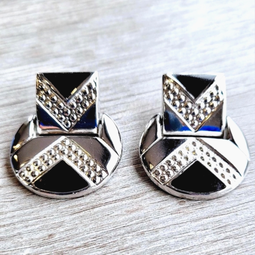 Vintage Silver/Black Geometric Dangle Earrings